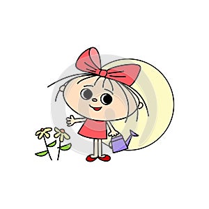 Cheerful girl with a watering can and flowers, hand-drawn cartoon