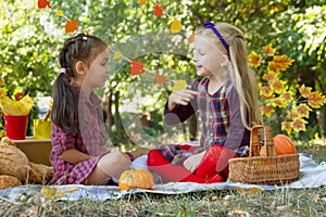 Cheerful girls having fun on autumn picnic in park