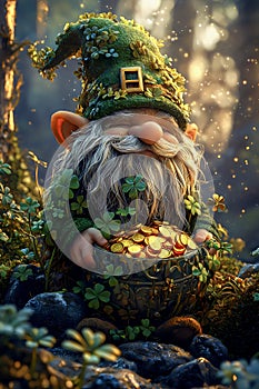 Cheerful gnome holding a lucky pot of gold coins with clover leaves in forest, St. Patrick\'s Day. Generative AI photo