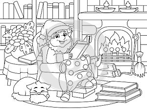 Cheerful gnome is reading a book in an armchair. Cozy room, library. Raster, page for printable children coloring book.