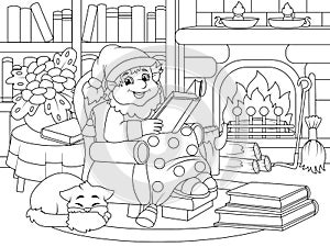 Cheerful gnome is reading a book in an armchair. Cozy room, library. Vector, page for printable children coloring book.