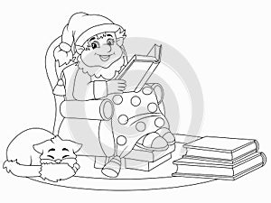Cheerful gnome is reading a book in an armchair. Cozy room. Vector, page for printable children coloring book.