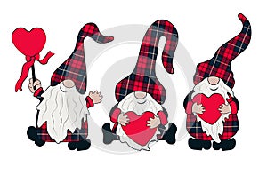 Cheerful gnomes are holding a red heart. Can be used as stickers, decorative element, magnets, cut out and turned into decorations