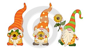 Cheerful Gnomes with sunflower flowers in their hands. Vector illustration