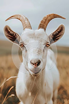 Cheerful goat grazing happily on the farm, vertical image with ample space for text photo