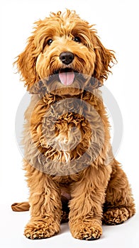 Cheerful golden doodle dog with a shaggy coat and a friendly expression sitting against an isolated white background