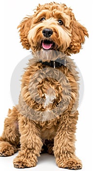 Cheerful golden doodle dog with a shaggy coat and a friendly expression sitting against an isolated white background
