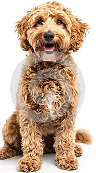 Cheerful golden doodle dog with a shaggy coat and a friendly expression sitting against an isolated white background