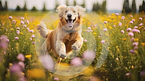 cheerful Golden Retriever dog run in the field of flowers