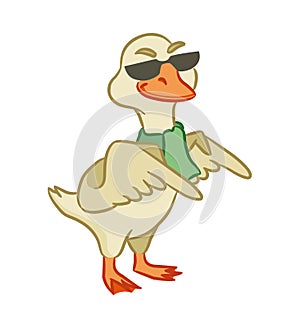 Cheerful goose in a green scarf on a white background