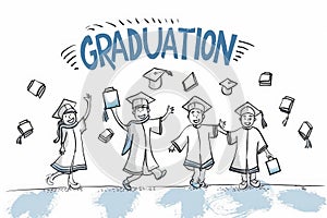 Cheerful graduates tossing caps in the air, ink sketch on white background