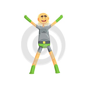 Cheerful grandfather in black superhero costume standing with hands up. Cartoon character of funny elderly man with