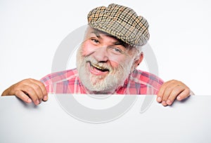 Cheerful grandpa. job search. Need help. wanted. Copy space placate information. happy mature man in retro hat