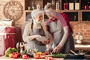 Cheerful grandparents reading exotic recipes on digital tablet