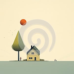 Cheerful Graphic Illustration Of A Minimalist Landscape With Whimsical Characters photo