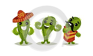 Cheerful Green Cactus Character Wearing Sombrero Hat and Moustache Vector Set