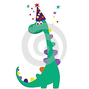 Cheerful green dinosaur in party hat celebrating with stars and confetti.