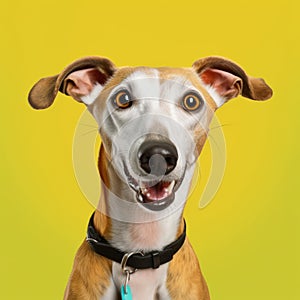 Cheerful Greyhound Pup Laughing On Vibrant Yellow Background