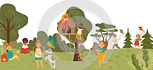 Cheerful group kid character playing together in outdoor park, treehouse children playground flat vector illustration