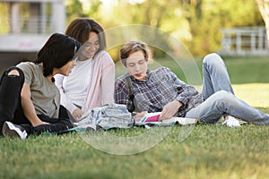 Cheerful group of multiethnic students studying outdoors.