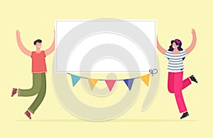 Cheerful guy and girl are holding a white banner, place for your text. Congratulations, holidays. Vector illustration in cartoon f
