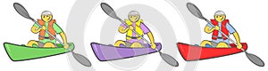Cheerful guy sitting in kayak and holding paddle. Man paddling a kayak. Concept for adventure, travel, action. Active summer recre