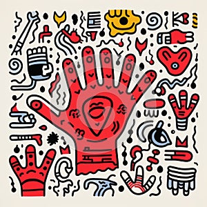 Cheerful Hand Illustration With Doodle Concept In The Style Of Keith Haring