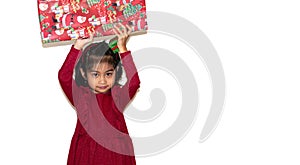 Cheerful handsome girl holding gift with her hands and smiling isolated over white