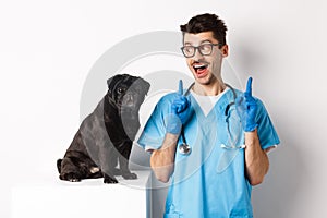 Cheerful handsome veteriantian in scrubs staring happy at cute little dog pug and smiling, pointing fingers up at promo