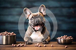 Cheerful and happy french bulldog poses adorably next to a bowl of delicious dog food, perfect for inserting text