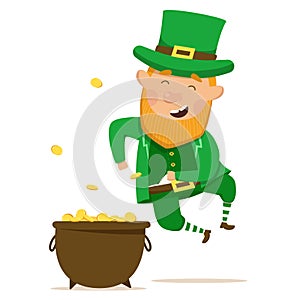 Cheerful and happy leperchaun with a full pot of gold. St.Patrick 's Day. Vector Illustration on a white background photo