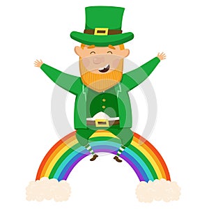 Cheerful and happy leperchaun sits on a colorful rainbow. St.Patrick 's Day. Vector Illustration on a white photo