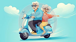 Cheerful happy senior couple riding scooter, elderly woman and man driving moped on summer vacation