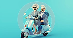 Cheerful happy senior couple riding scooter, elderly woman and man driving moped on summer vacation