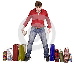 Cheerful happy shopping man. Isolated.