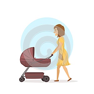 Cheerful happy woman , young mother walking with baby carriage