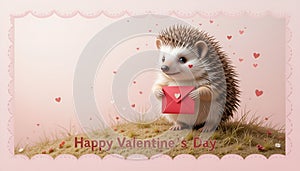 Cheerful Hedgehog with Heart Envelope - Valentine\'s Day Card photo