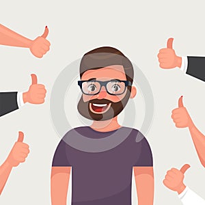 Cheerful hipster bearded young man surrounded by hands demonstrating thumbs up gesture. Public appreciation