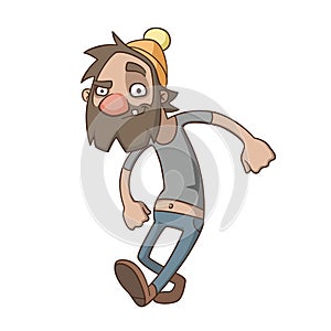 Cheerful homeless man walks merrily. Cartoon tramp with a beard isolated on white, vector. Cheerful beggar character.