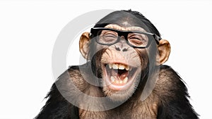 Cheerful humanoid chimpanzee. Clever laughing monkey in glasses