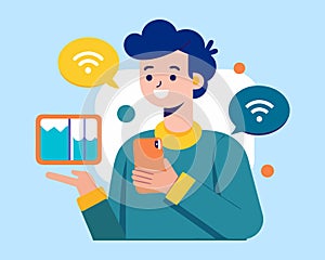Happy Man Connecting to WiFi Illustration photo