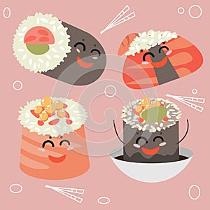 Cheerful Japanese sushi with cartoon faces in Illustration