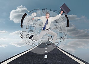 Cheerful jumping businessman with his suitcase