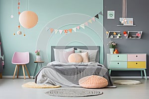 Cheerful kids bedroom with comfortable bed and desk decorated in a pastel colors. Generative AI