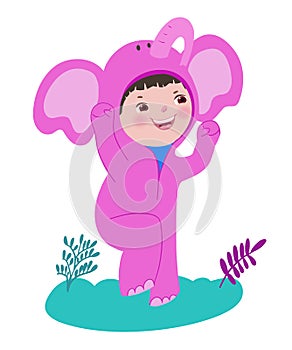 Cheerful kids character in elephant masquerade costume for school pajama party, birthday. Vector hand drawn cartoon flat