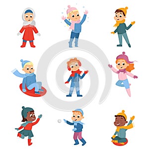 Cheerful Kids Enjoying Winter Holidays Sledging and Playing Snowball Fight Vector Set