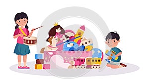 Cheerful kids playing toy together. Box full of toys as dolls, rocket, horse, ship and ball. Girl playing drums