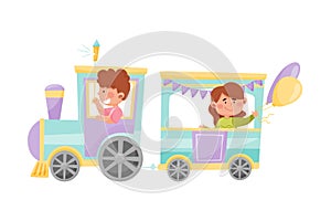 Cheerful Kids Riding Toy Train or Having Fairground Ride Vector Illustration