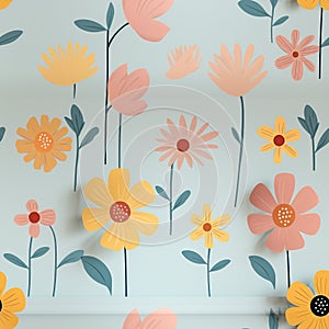 Cheerful Kids\' Wallpaper Design: Colorful, Flat, Floral Pattern