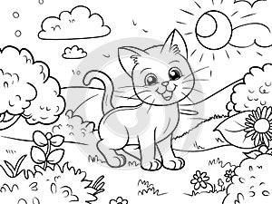 Cheerful kitten playing in the garden, coloring book style. Vector, generative ai.